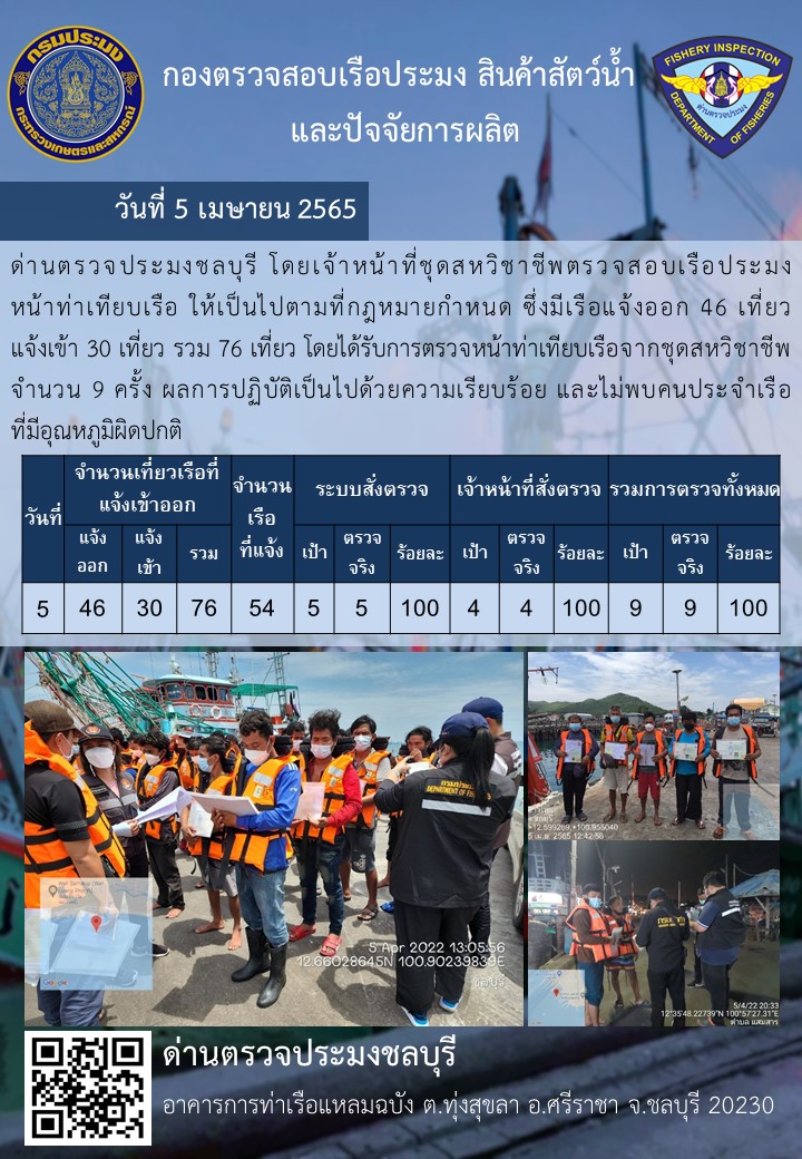 การปฏิบัติงานของเจ้าหน้าที่ด่านตรวจประมงชลบุรีประจำวันที่ 5 เมษายน 2565..คลิก
