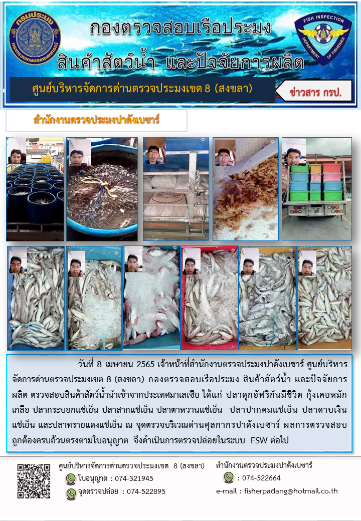 ประชาสัมพันธ์การปฏิบัติงาน วันที่ 8 เมษายน 2565 สำนักงานตรวจประมงปาดังเบซาร์..คลิก