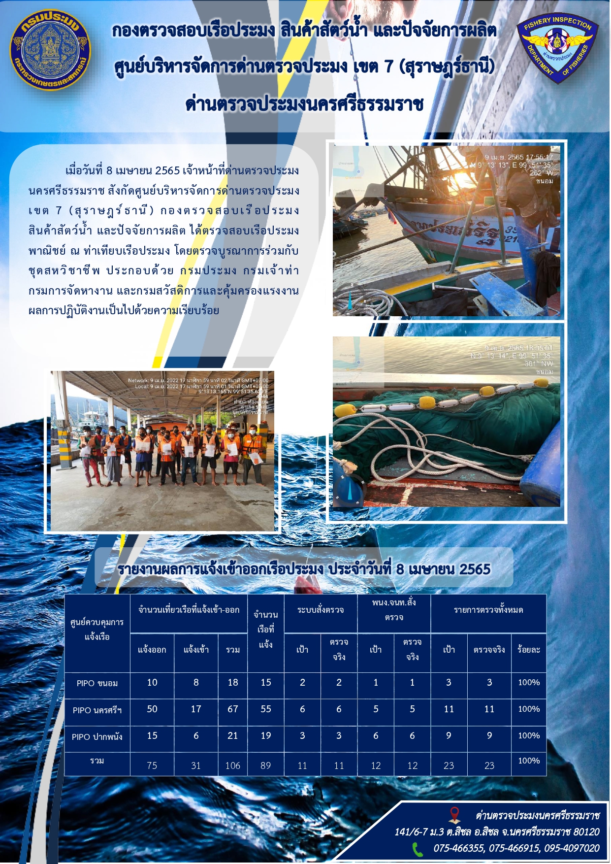 รายงานการปฏิบัติงาน ประจำวันที่ 8 เมษายน 2565..คลิก