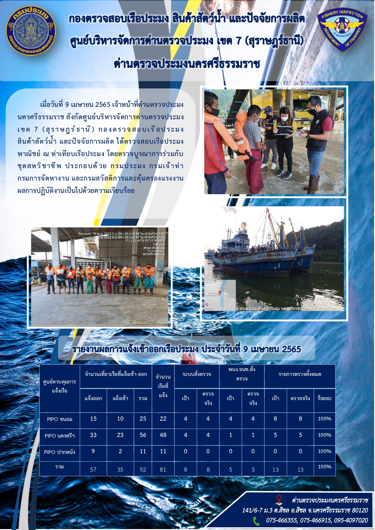 รายงานการปฏิบัติงาน ประจำวันที่ 9 เมษายน 2565..คลิก