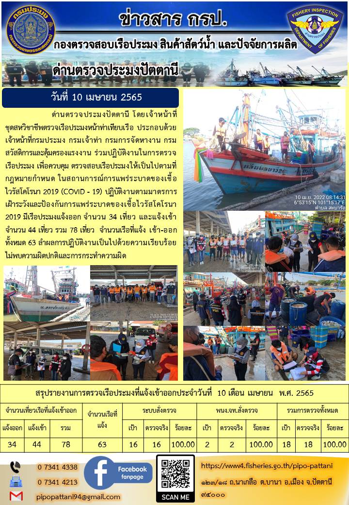 ข่าวสารการปฏิบัติงาน ด่านตรวจประมงปัตตานี 10 เม.ย 65..คลิก