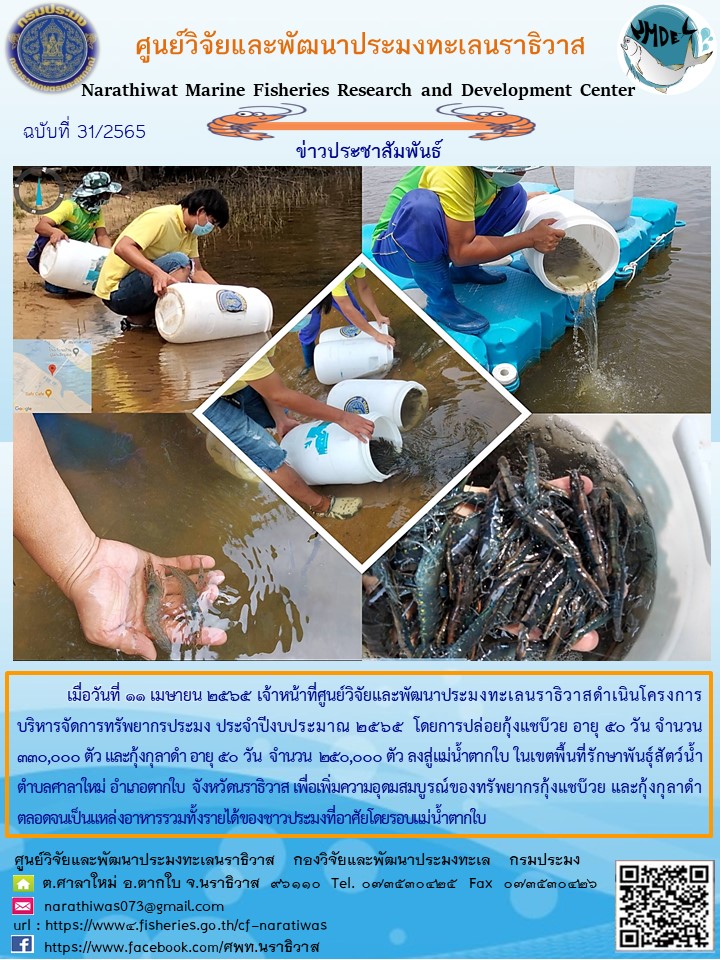 โครงการบริหารจัดการทรัพยากรประมง ประจำปีงบประมาณ ๒๕๖๕