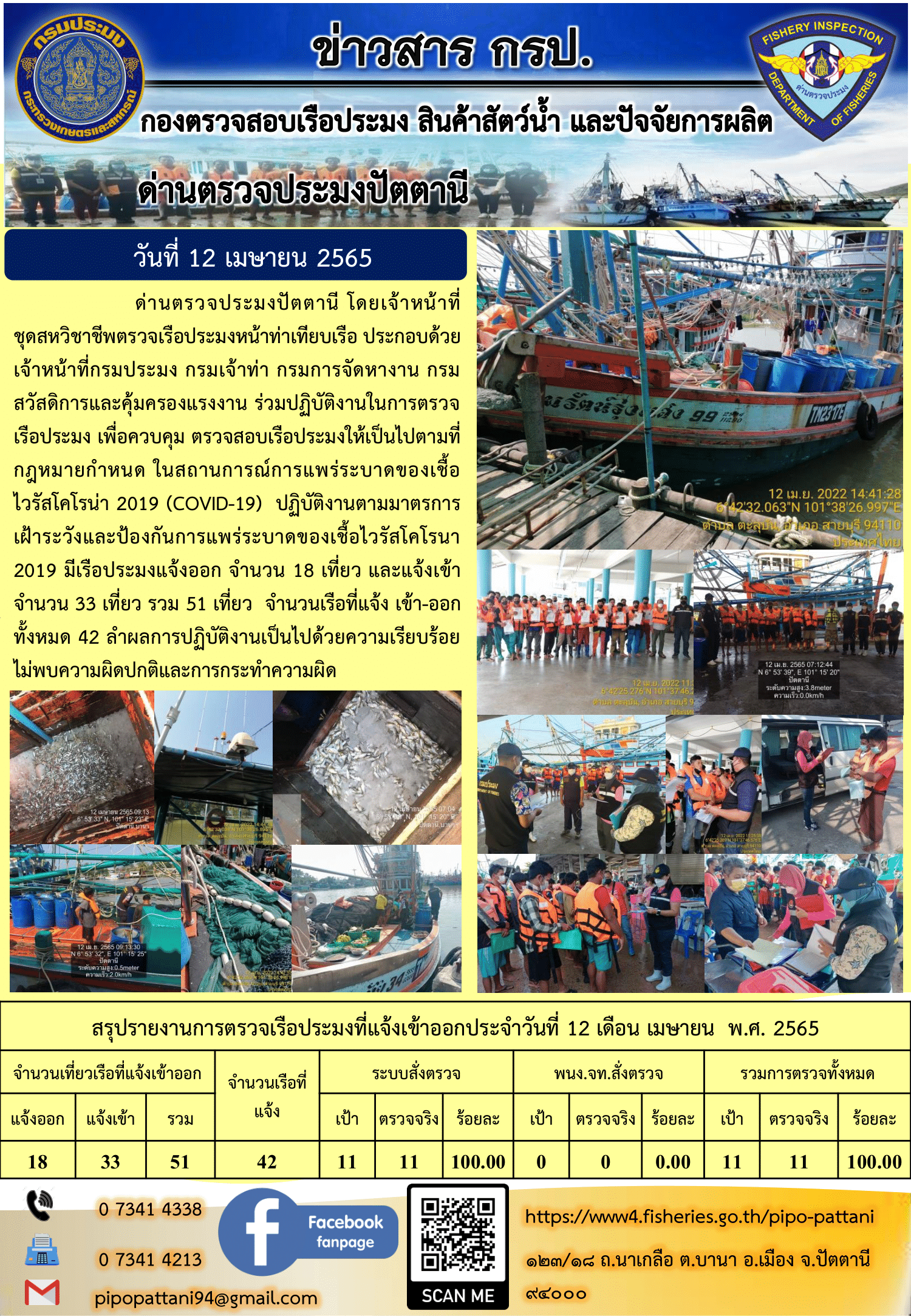 ข่าวสารการปฏิบัติงาน ด่านตรวจประมงปัตตานี 12 เม.ย 65 ครับ..คลิก