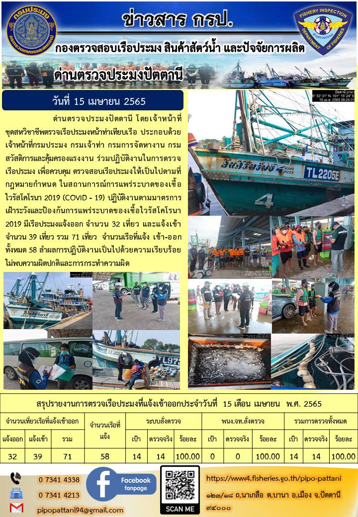 ข่าวสารการปฏิบัติงาน ด่านตรวจประมงปัตตานี 15 เม.ย 65..คลิก