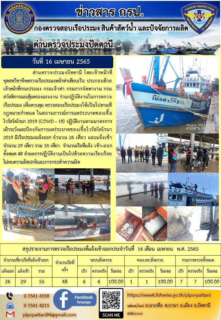 ข่าวสารการปฏิบัติงาน ด่านตรวจประมงปัตตานี 16 เม.ย 65..คลิก