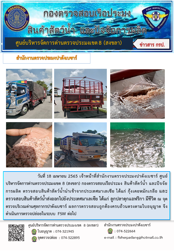 ประชาสัมพันธ์การปฏิบัติงาน วันที่ 18 เมษายน 2565 สำนักงานตรวจประมงปาดังเบซาร์..คลิก