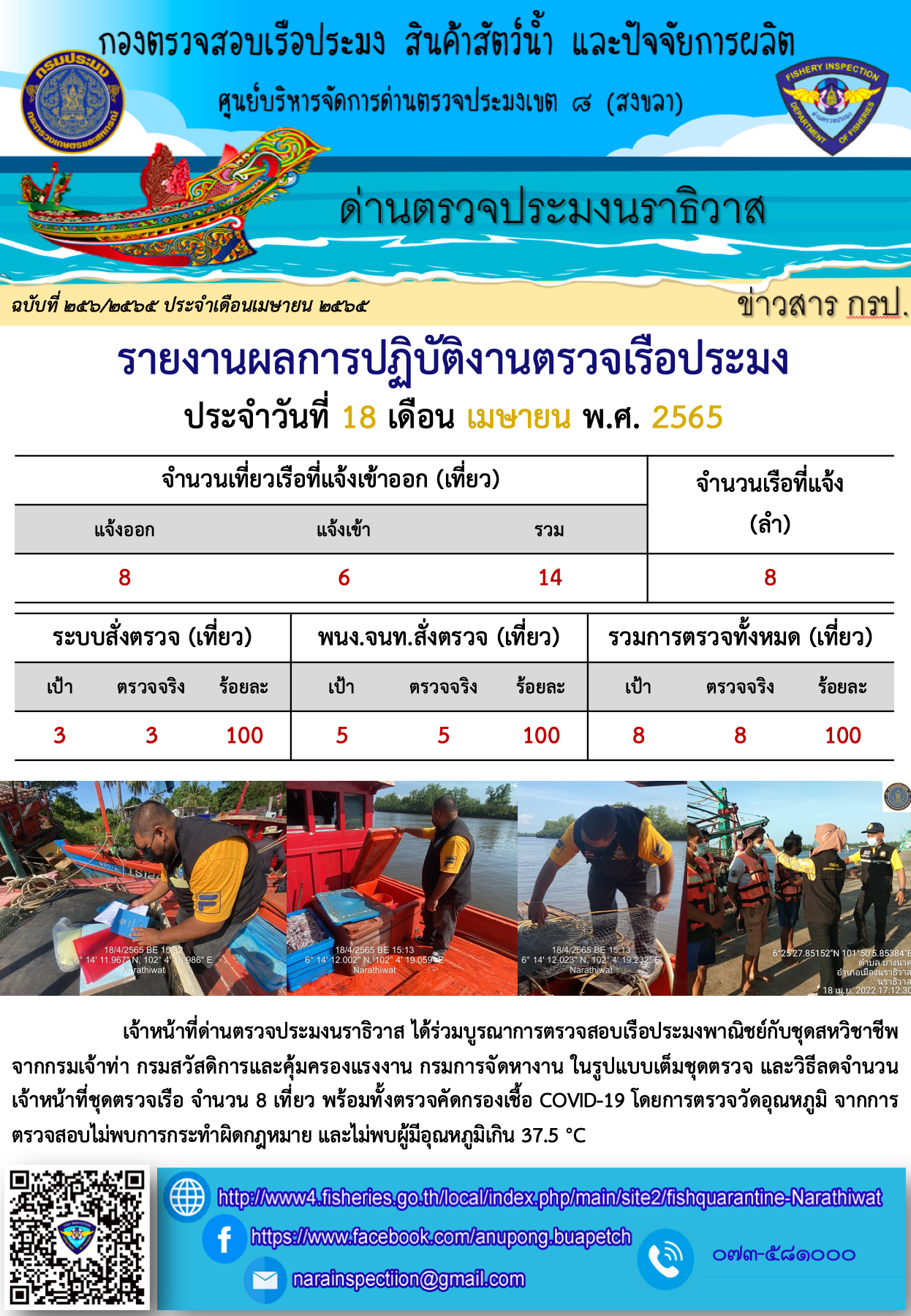 ประชาสัมพันธ์ด่านตรวจประมงนราธิวาส ประจำวันที่ 18 เมษายน 2565..คลิก
