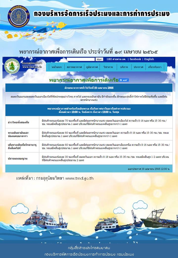 พยากรณ์อากาศเพื่อการเดินเรือ ประจำวันที่ 19 เมษายน 2565..คลิก