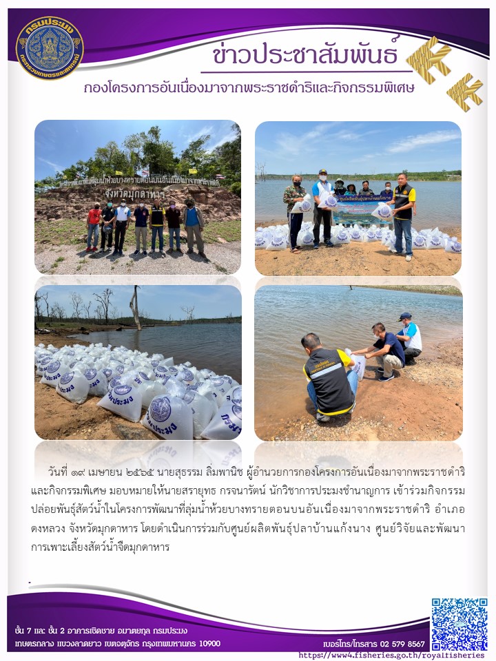 วันที่ 19 เมษายน 2565 นายสุธรรม ลิ่มพานิช ผู้อำนวยการกองโครงการอันเนื่องมาจากพระราชดำริและกิจกรรมพิเศษ มอบหมายให้นายสรายุทธ กรจนารัตน์ นักวิชาการประมงชำนาญการ เข้าร่วมปล่อยพันธุ์สัตว์น้ำในโครงการพัฒนาที่ลุ่มน้ำห้วยบางทรายตอนบนอันเนื่องมาจากพระราชดำริ อำเภอดงหลวง จังหวัดมุกดาหาร..คลิก