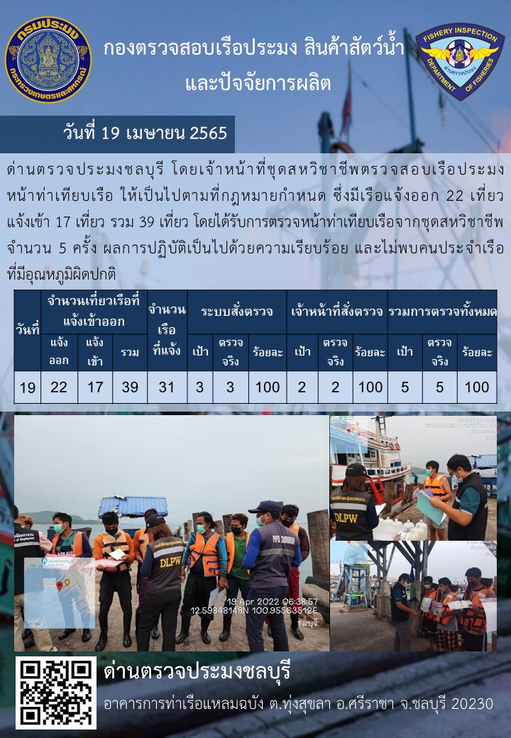 การปฏิบัติงานของเจ้าหน้าที่ด่านตรวจประมงชลบุรีประจำวันที่ 19 เมษายน 2565..คลิก