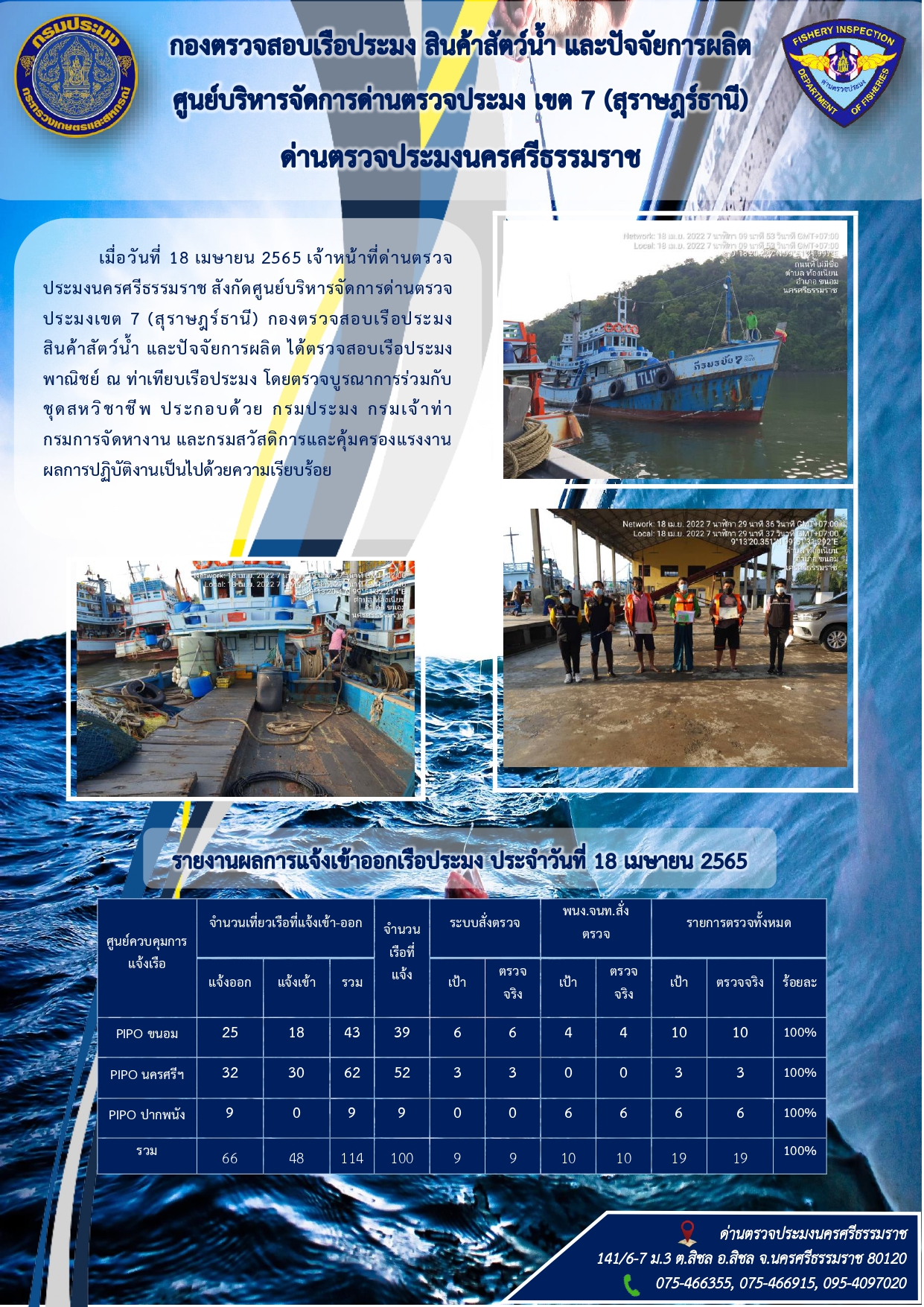 รายงานการปฏิบัติงาน ประจำวันที่ 18 เมษายน 2565..คลิก
