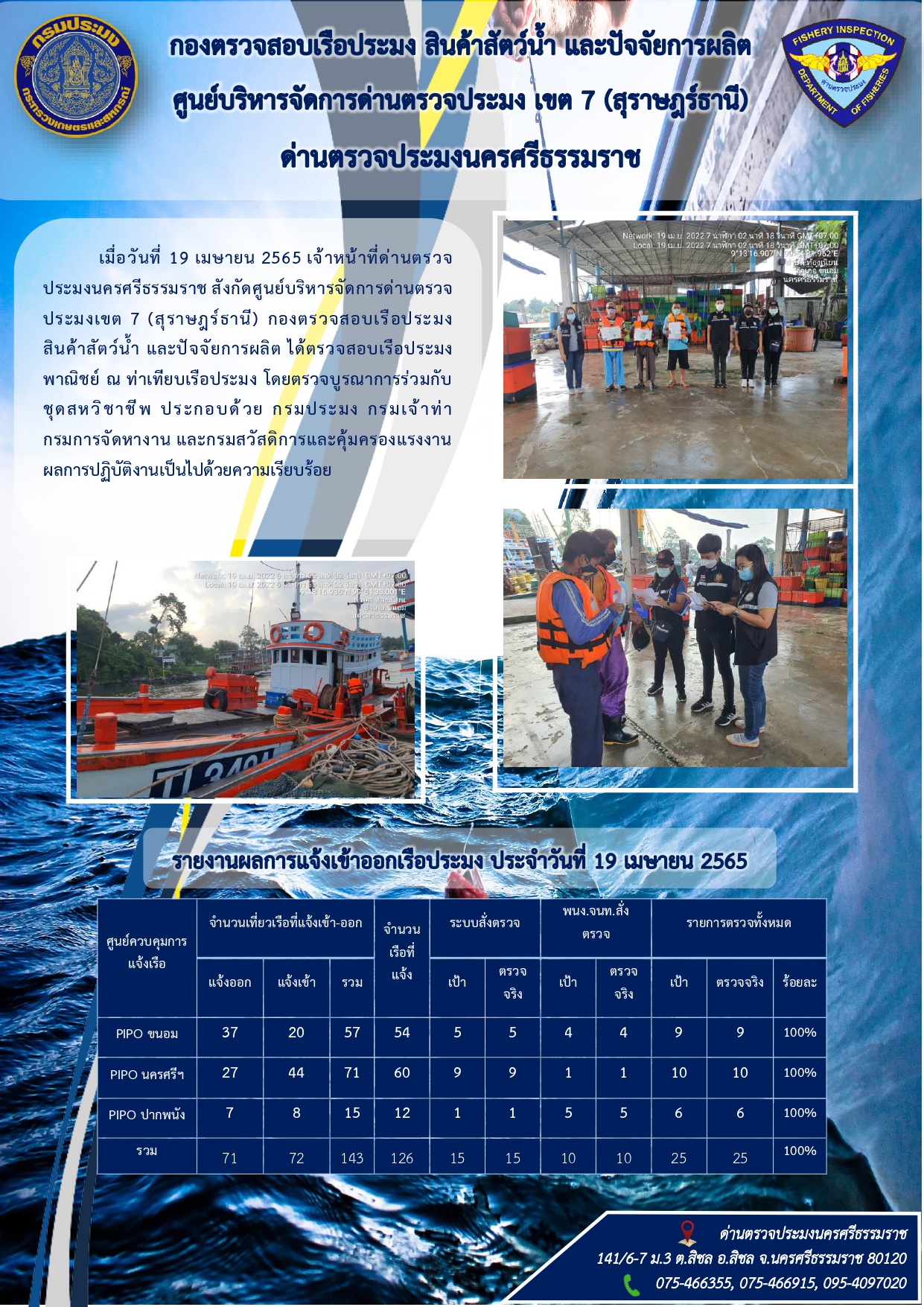 รายงานการปฏิบัติงาน ประจำวันที่ 19 เมษายน 2565..คลิก