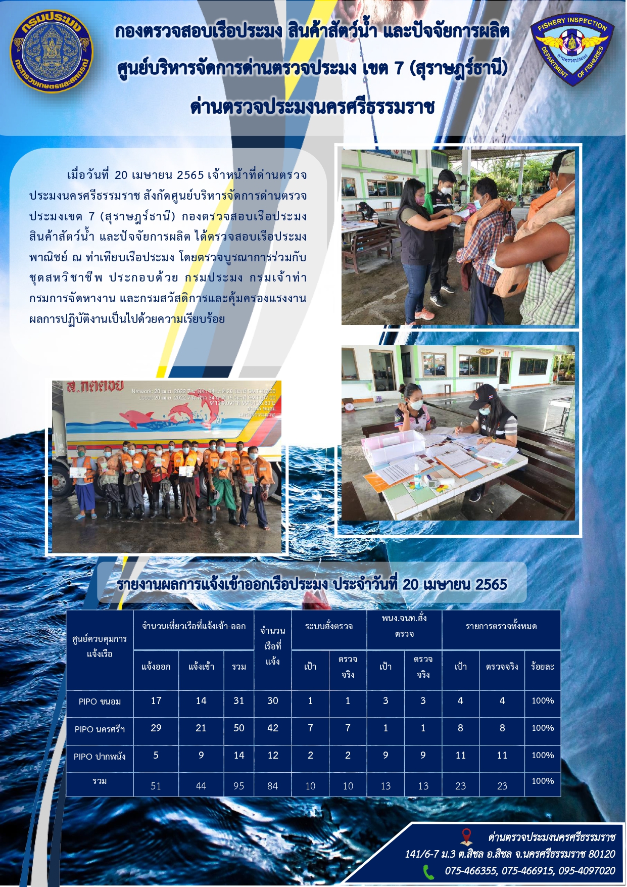 รายงานการปฏิบัติงาน ประจำวันที่ 20 เมษายน 2565..คลิก