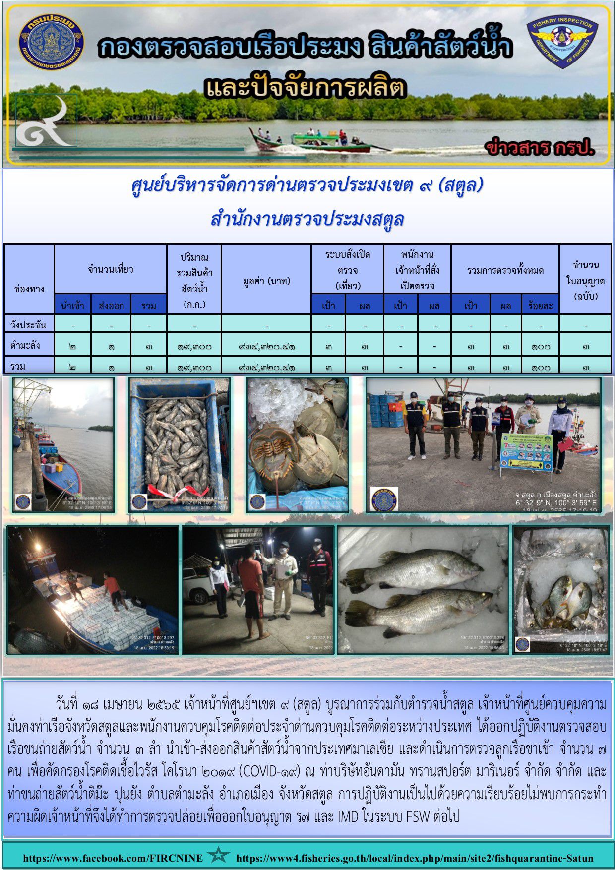 ประชาสัมพันธ์การปฏิบัติงานศูนย์บริหารจัดการด่านตรวจประมงเขต 9(สตูล) ประจำวันที่ 16-20 เมษายน 2565..คลิก