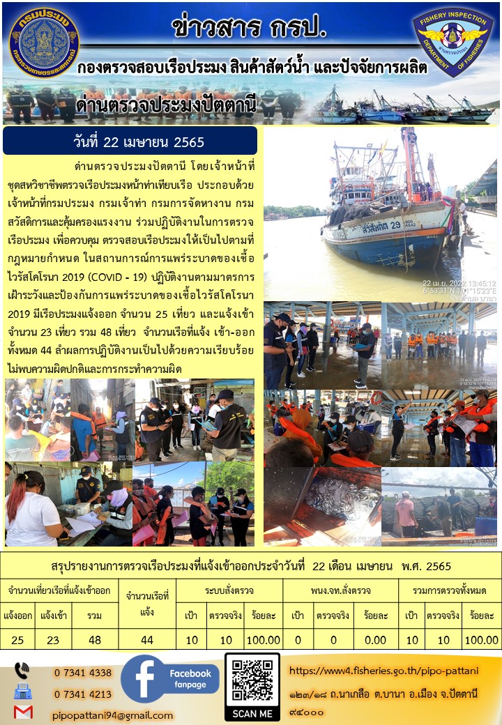ข่าวสารการปฏิบัติงาน ด่านตรวจประมงปัตตานี 22 เม.ย 65..คลิก