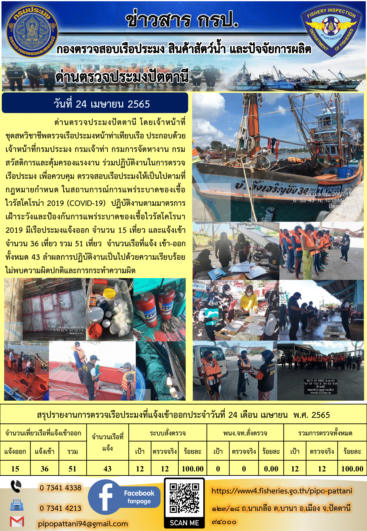 ข่าวสารการปฏิบัติงาน ด่านตรวจประมงปัตตานี 24 เม.ย 65..คลิก