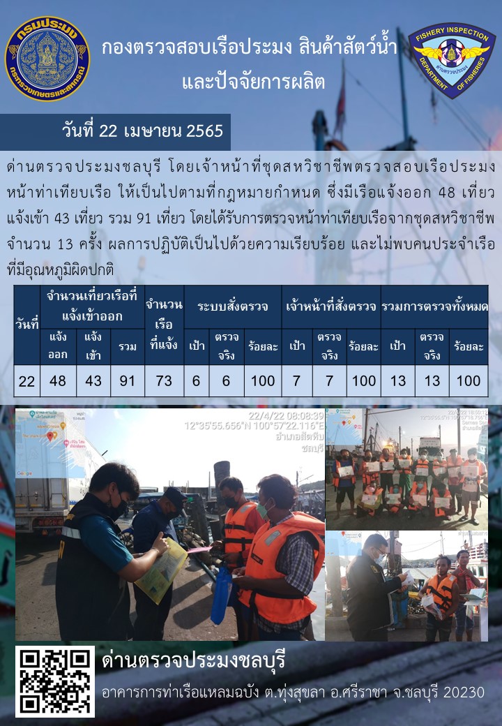 การปฏิบัติงานของเจ้าหน้าที่ด่านตรวจประมงชลบุรีประจำวันที่ 22 เมษายน 2565..คลิก