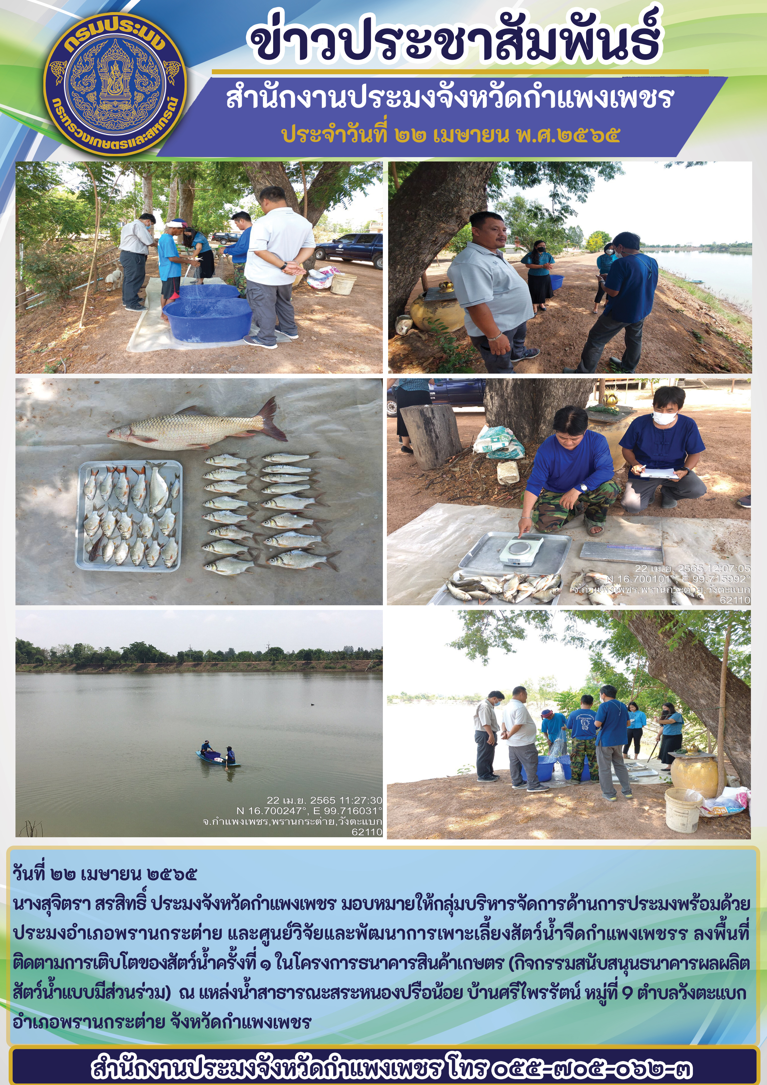 ลงพื้นที่ติดตามการเติบโตของสัตว์น้ำครั้งที่ ๑ ในโครงการธนาคารสินค้าเกษตร (กิจกรรมสนับสนุนธนาคารผลผลิตสัตว์น้ำแบบมีส่วนร่วม) ณ แหล่งน้ำสาธารณะสระหนองปรือน้อย บ้านศรีไพรรัตน์ หมู่ที่ ๙ ตำบลวังตะแบก อำเภอพรานกระต่าย จังหวัดกำแพงเพชร..คลิก