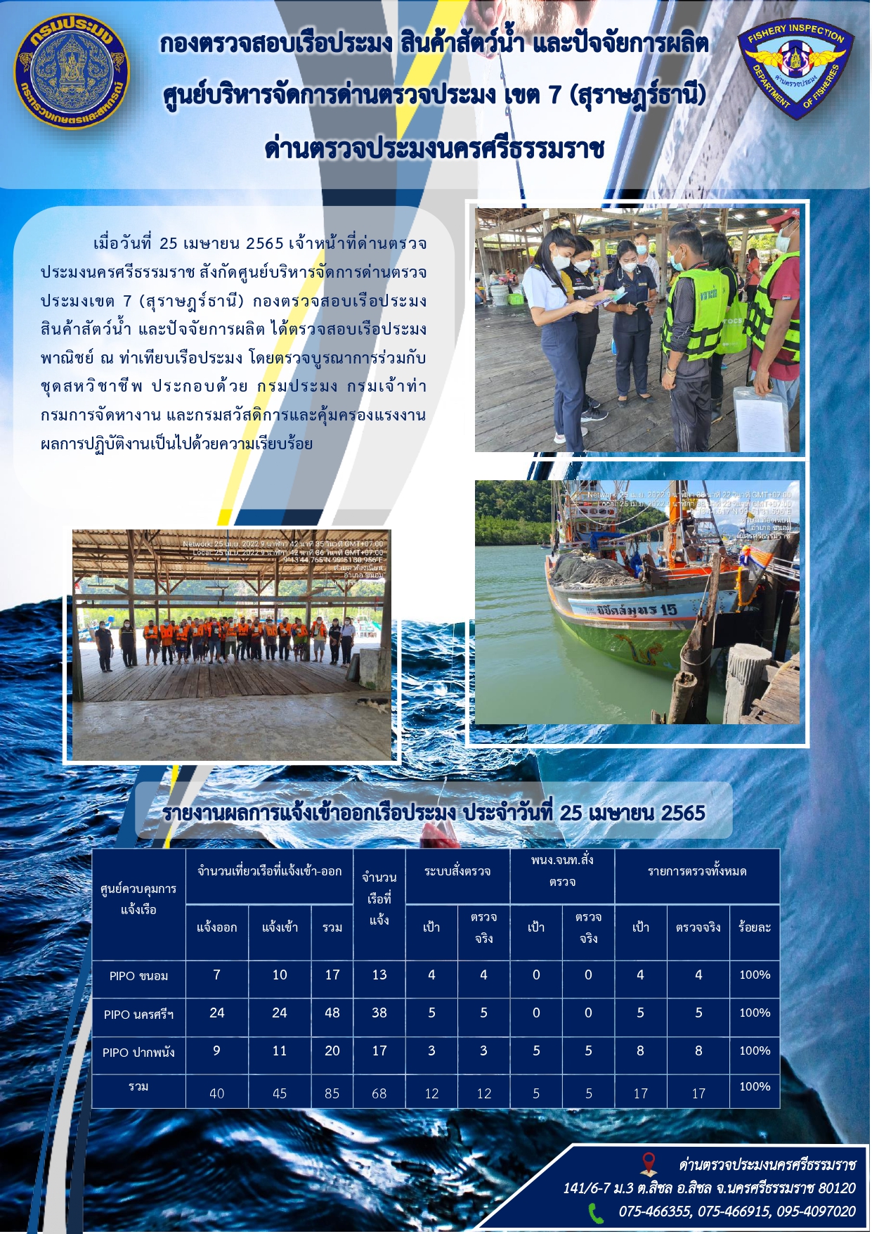 รายงานการปฏิบัติงาน ประจำวันที่ 25 เมษายน 2565..คลิก