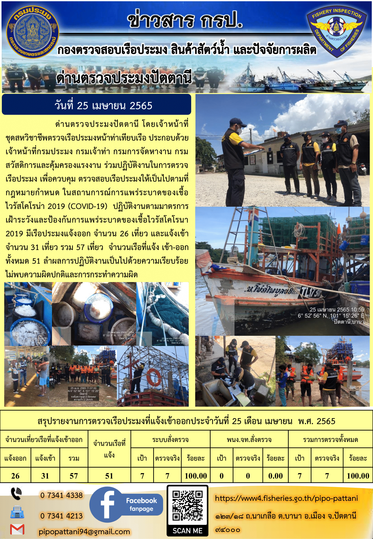 ข่าวสารการปฏิบัติงาน ด่านตรวจประมงปัตตานี 25 เม.ย 65..คลิก