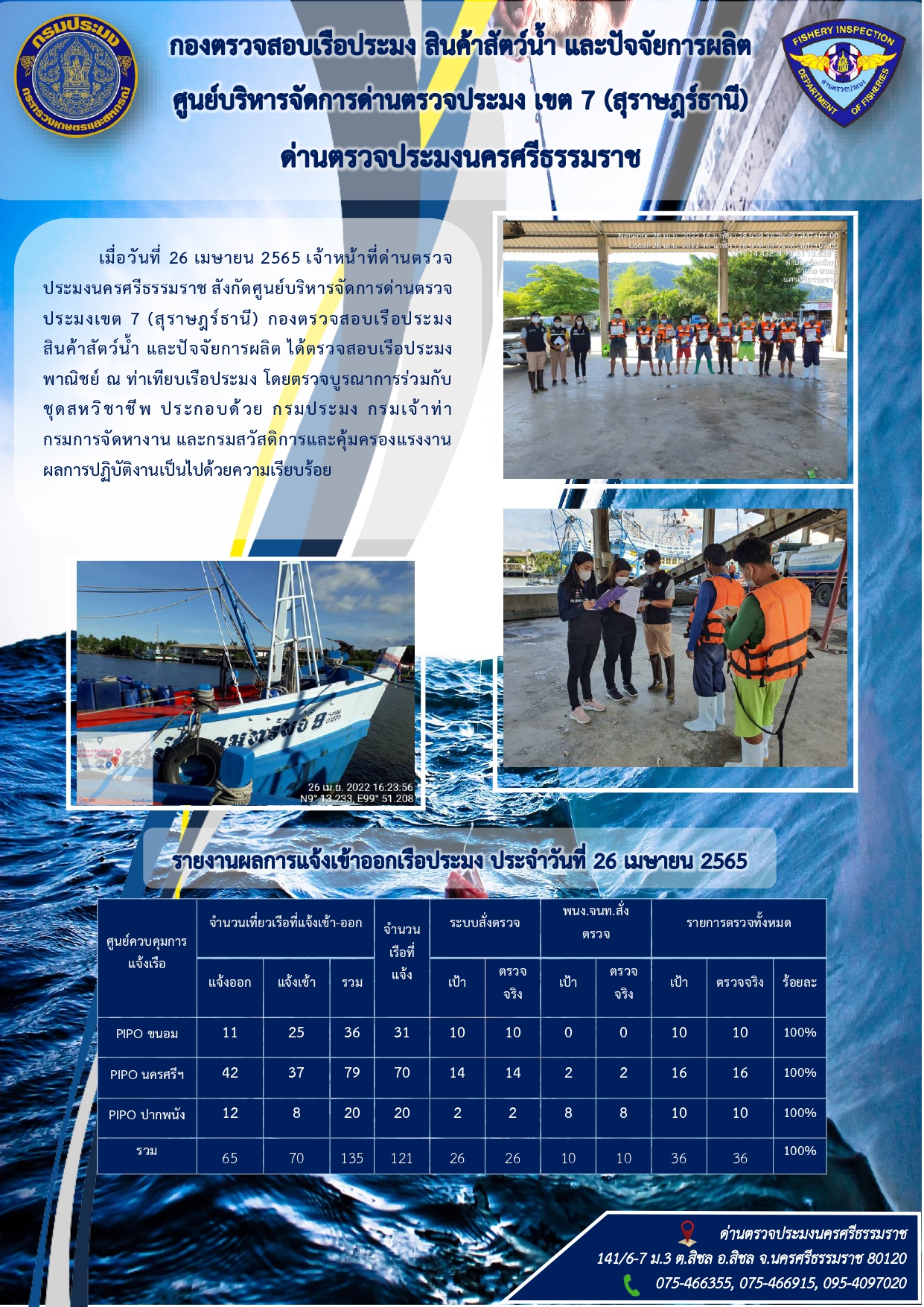รายงานการปฏิบัติงาน ประจำวันที่ 26 เมษายน 2565..คลิก