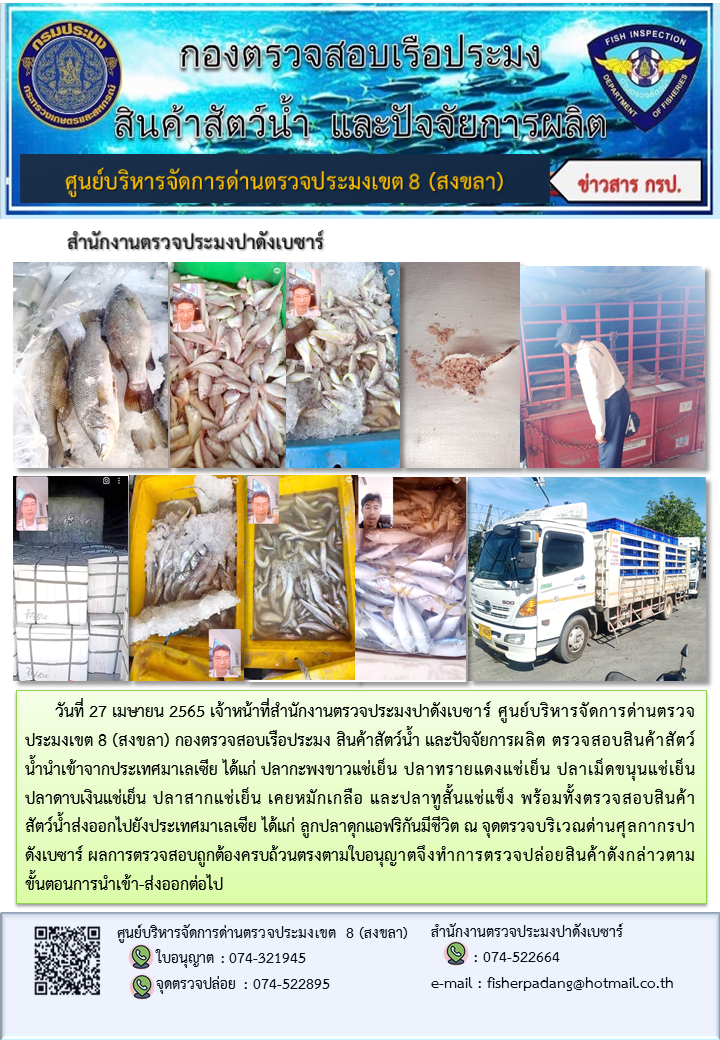 ประชาสัมพันธ์การปฏิบัติงาน วันที่ 27 เมษายน 2565 สำนักงานตรวจประมงปาดังเบซาร์..คลิก
