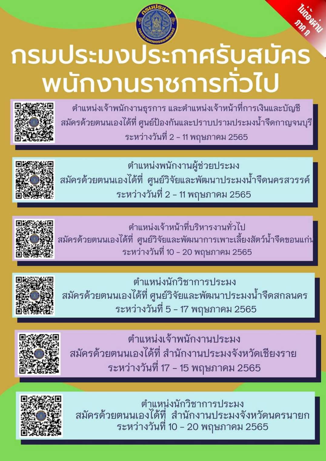ประกาศรับสมัครงานบุคคลเพื่อจัดจ้างเป็นพนักงานราชการทั่วไป สังกัด กองวิจัยและพัฒนาสุขภาพสัตว์น้ำ ตำแหน่งนักวิชาการประมง..คลิก