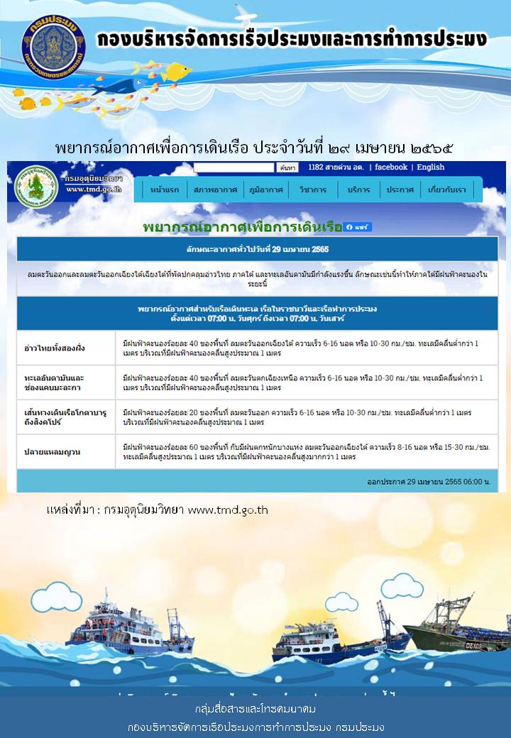 พยากรณ์อากาศเพื่อการเดินเรือ ประจำวันที่ 29 เมษายน 2565..คลิก