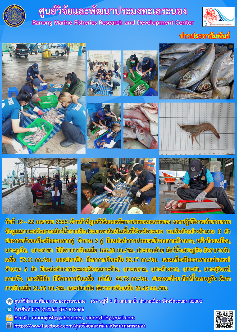 เจ้าหน้าที่ศพท.ระนอง ออกปฏิบัติงานเก็บรวมรวมข้อมูลสภาวะทรัพยากรสัตว์น้ำจากเรือประมงพาณิชย์ในพื้นที่จังหวัดระนอง ในวันที่ 19-22 เมษายน 2565..คลิก