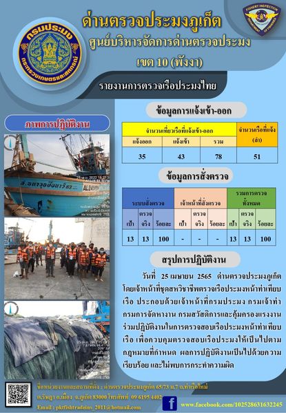 รายงานผลการแจ้งเข้าออกเรือประมงไทยและข้อมูลการสั่งตรวจ ประจำวันที่ 25 เมษายน 2565..คลิก