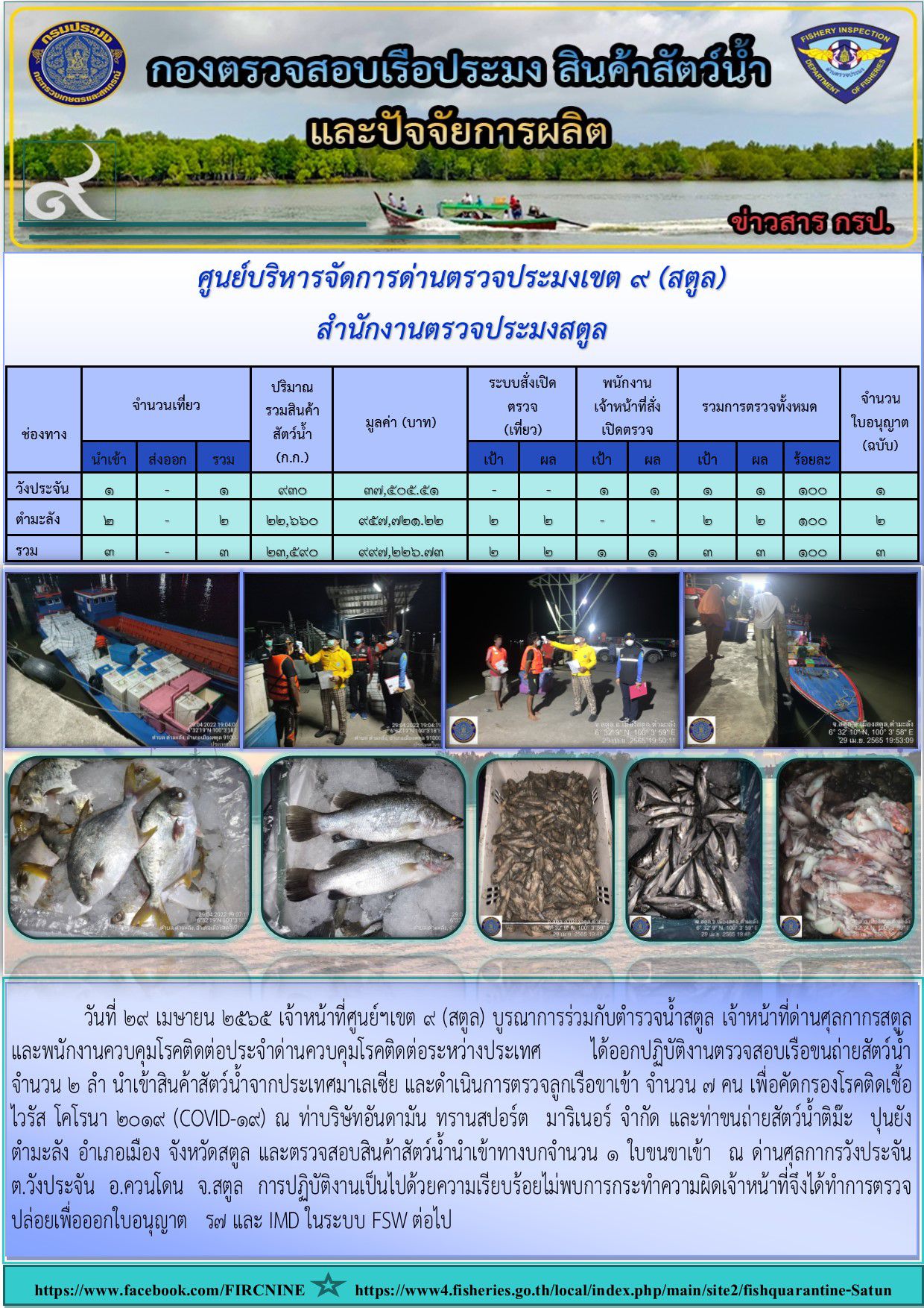 ประชาสัมพันธ์การปฏิบัติงานศูนย์บริหารจัดการด่านตรวจประมงเขต 9 (สตูล) ประจำวันที่ 26-30 เมษายน 2565..คลิก