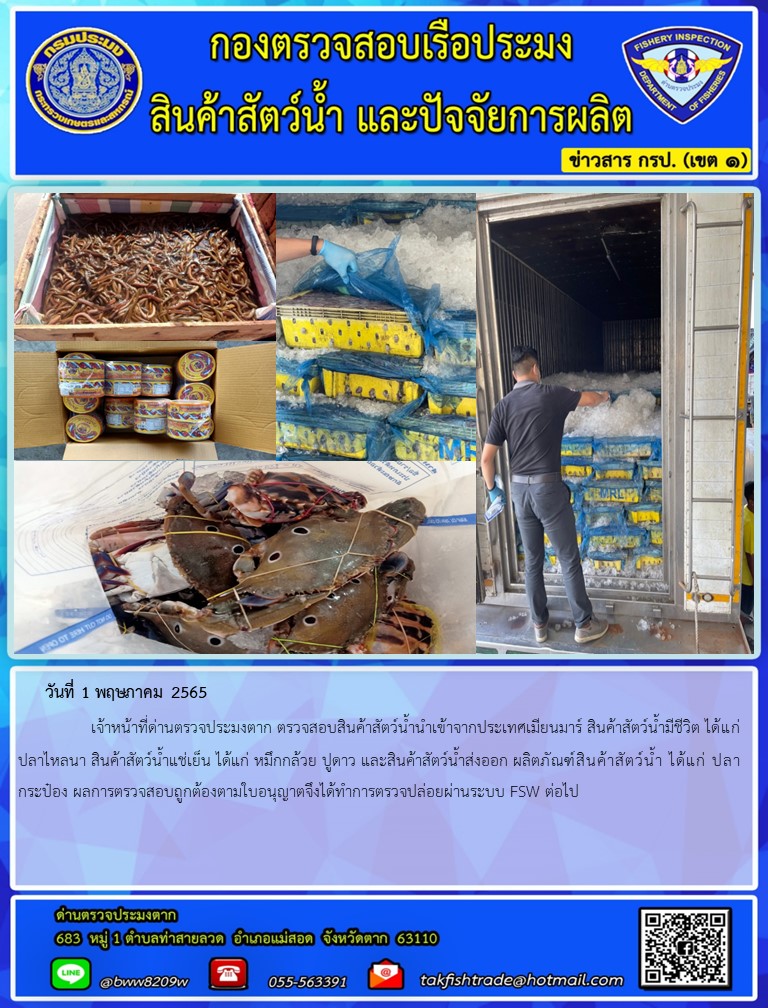วันที่ 1 พฤษภาคม 2565   	     เจ้าหน้าที่ด่านตรวจประมงตาก ตรวจสอบสินค้าสัตว์น้ำนำเข้าจากประเทศเมียนมาร์ สินค้าสัตว์น้ำมีชีวิต ได้แก่  ปลาไหลนา สินค้าสัตว์น้ำแช่เย็น ได้แก่ หมึกกล้วย ปูดาว และสินค้าสัตว์น้ำส่งออก ผลิตภัณฑ์สินค้าสัตว์น้ำ ได้แก่ ปลากระป๋อง ผลการตรวจสอบถูกต้องตามใบอนุญาตจึงได้ทำการตรวจปล่อยผ่านระบบ FSW ต่อไป