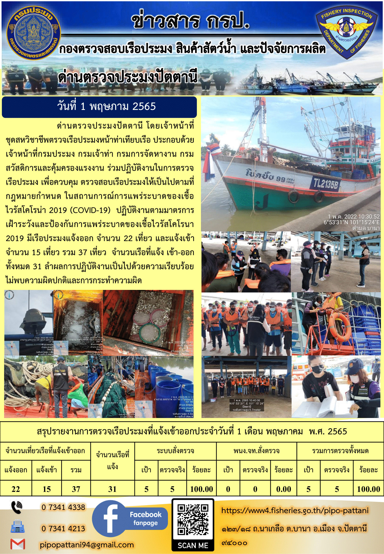 ข่าวสารการปฏิบัติงาน ด่านตรวจประมงปัตตานี 1 พ.ค. 65..คลิก