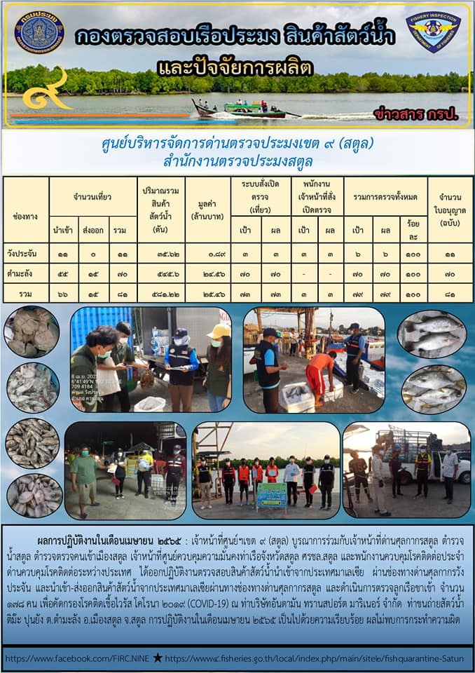 ผลการปฏิบัติงาน การตรวจสอบเรือประมงไทยที่แจ้งเข้าออก และการตรวจสอบการนำเข้า-ส่งออกสินค้าสัตว์น้ำ ในเขตพื้นที่รับผิดชอบของศูนย์บริหารจัดการด่านตรวจประมงเขต 9 (สตูล) ประจำเดือนเมษายน 2565..คลิก