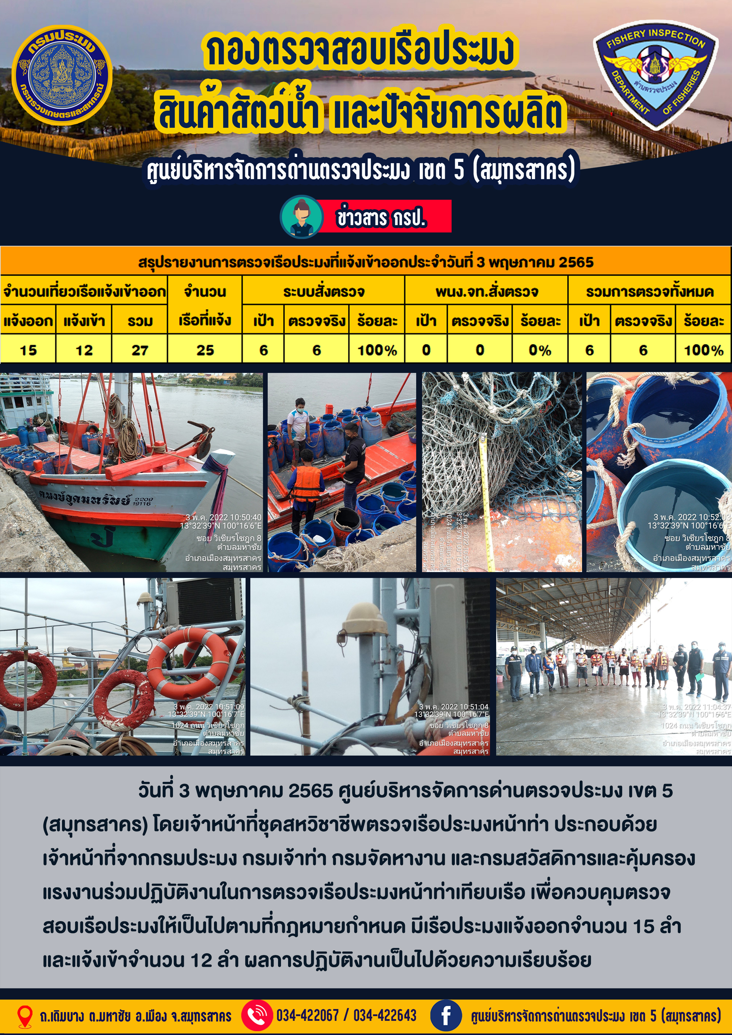 รายงานการตรวจเรือประมงที่แจ้งเข้าออกประจำวันที่ 3 พฤษภาคม 2565..คลิก