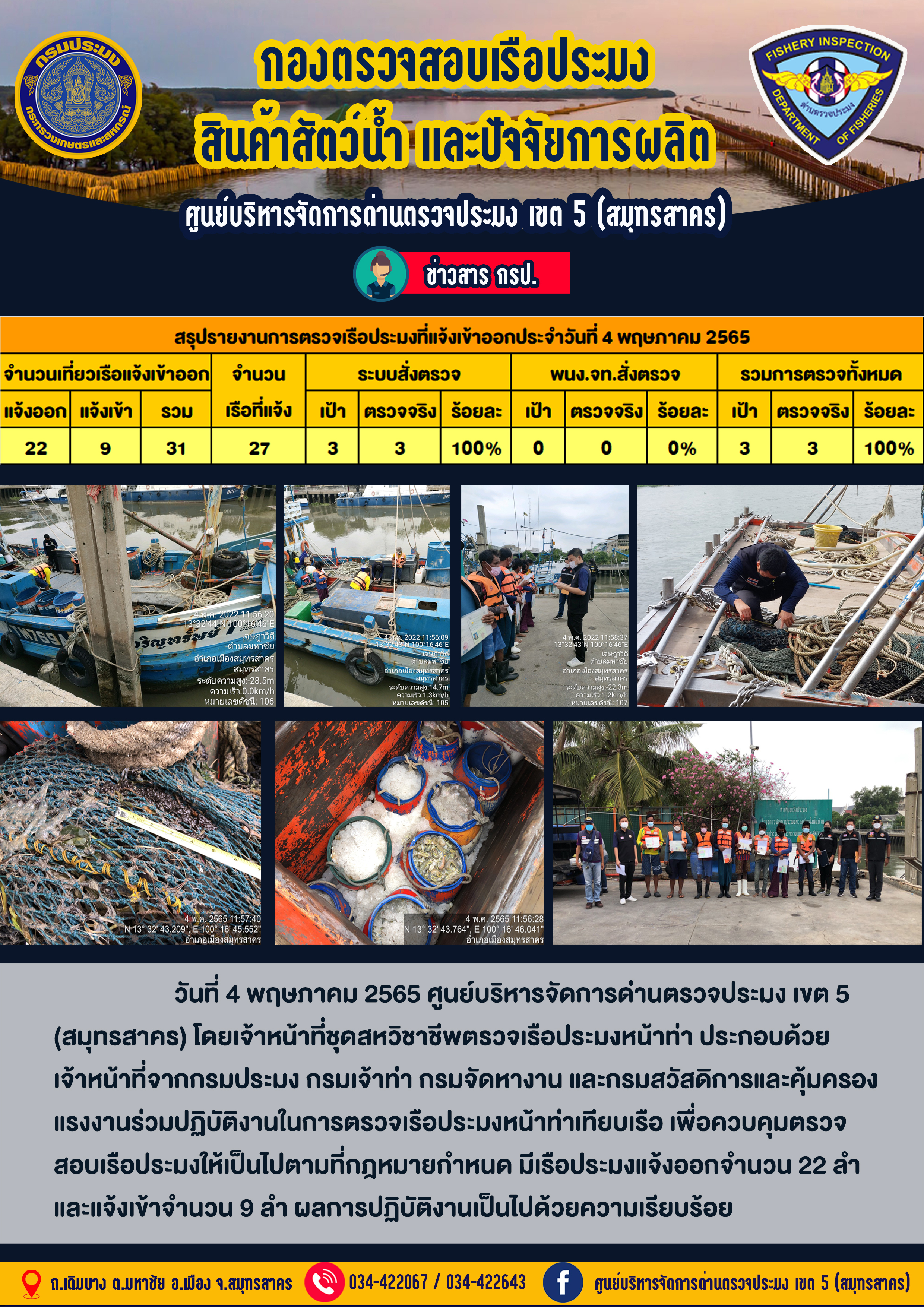 รายงานการตรวจเรือประมงที่แจ้งเข้าออกประจำวันที่ 4 พฤษภาคม 2565..คลิก