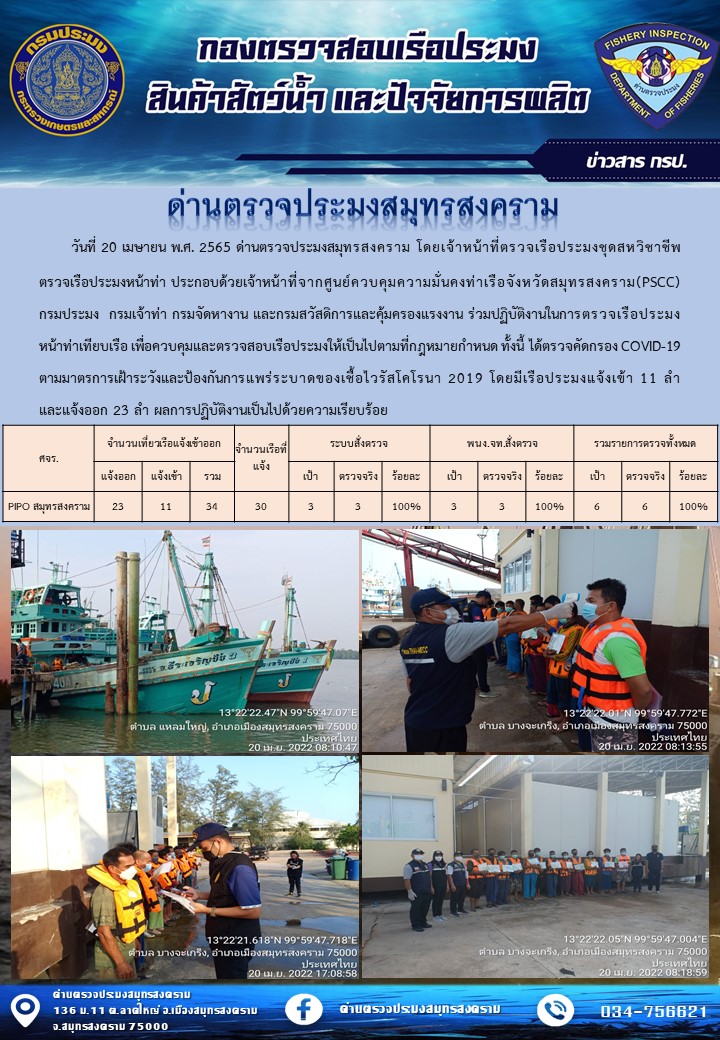 สถิติการแจ้งเข้า - ออกเรือประมงพาณิชย์ ด่านตรวจประมงสมุทรสงคราม ประจำวันที่ 20 เมษายน 2565..คลิก