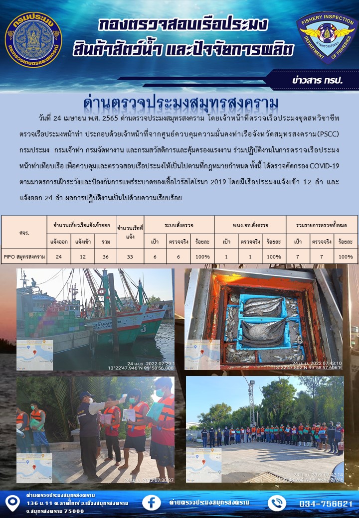 สถิติการแจ้งเข้า - ออกเรือประมงพาณิชย์ ด่านตรวจประมงสมุทรสงคราม ประจำวันที่ 24 เมษายน 2565..คลิก