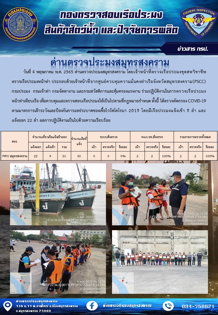 สถิติการแจ้งเข้า - ออกเรือประมงพาณิชย์ ด่านตรวจประมงสมุทรสงคราม ประจำวันที่ 4 พฤษภาคม 2565..คลิก