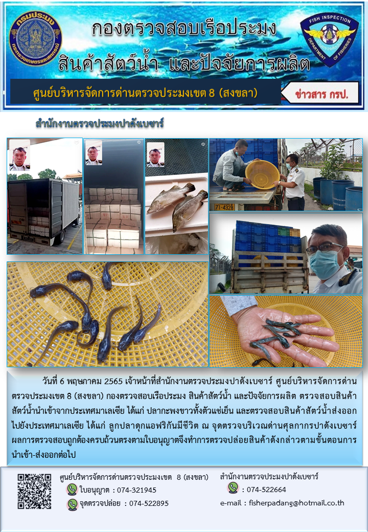ประชาสัมพันธ์การปฏิบัติงาน วันที่ 6 พฤษภาคม 2565 สำนักงานตรวจประมงปาดังเบซาร์..คลิก
