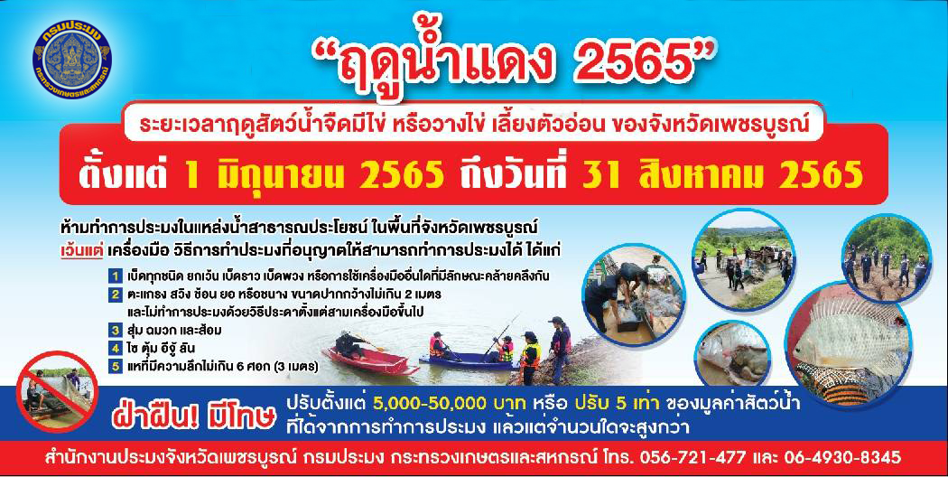 การทำการประมง ในฤดูสัตว์น้ำจืดมีไข่ วางไข่ และเลี้ยงตัวอ่อน(ฤดูน้ำแดง) ในพื้นที่ของจังหวัดเพชรบูรณ์ ปี 2565