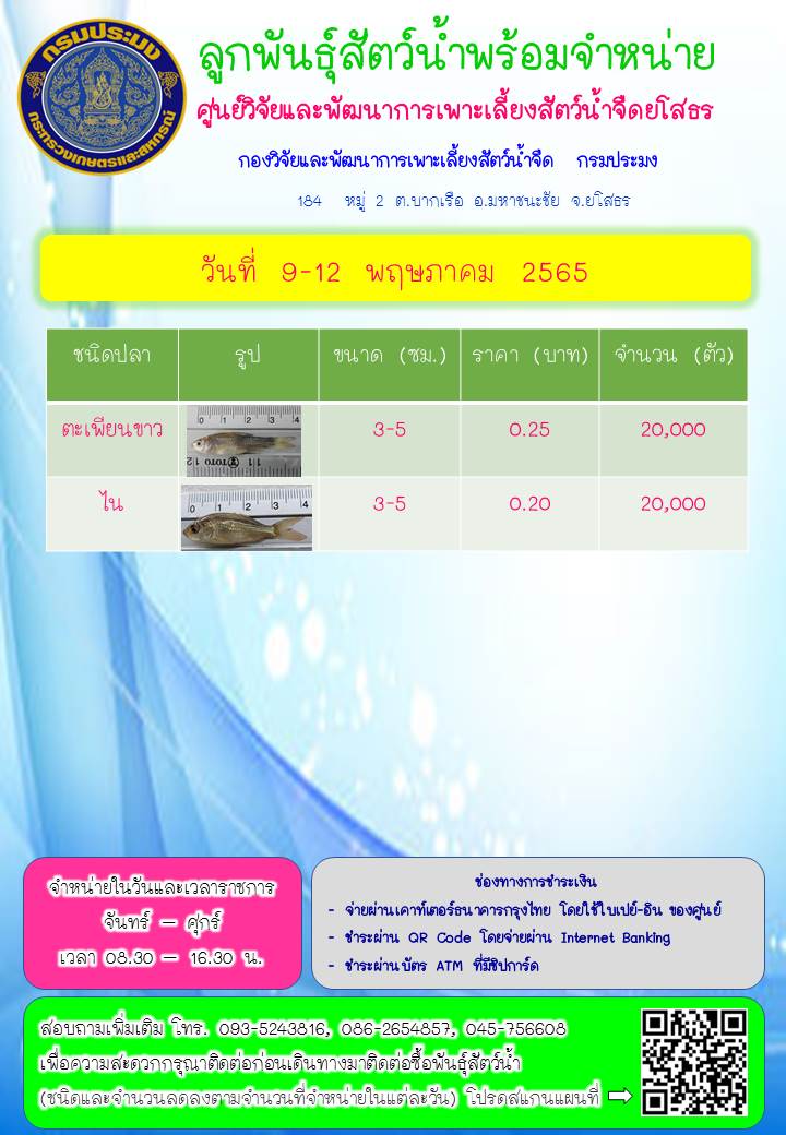 ลูกพันธุ์สัตว์น้ำพร้อมจำหน่าย 9 - 12 พ.ค. 65..คลิก