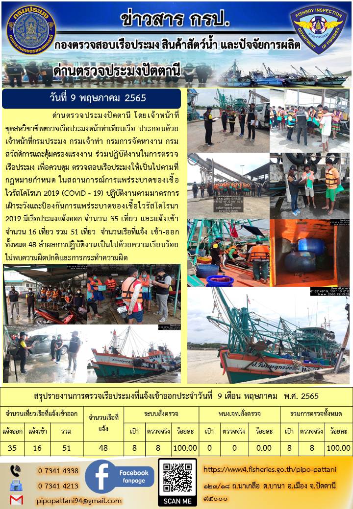 ข่าวสารการปฏิบัติงาน ด่านตรวจประมงปัตตานี 9 พ.ค. 65..คลิก