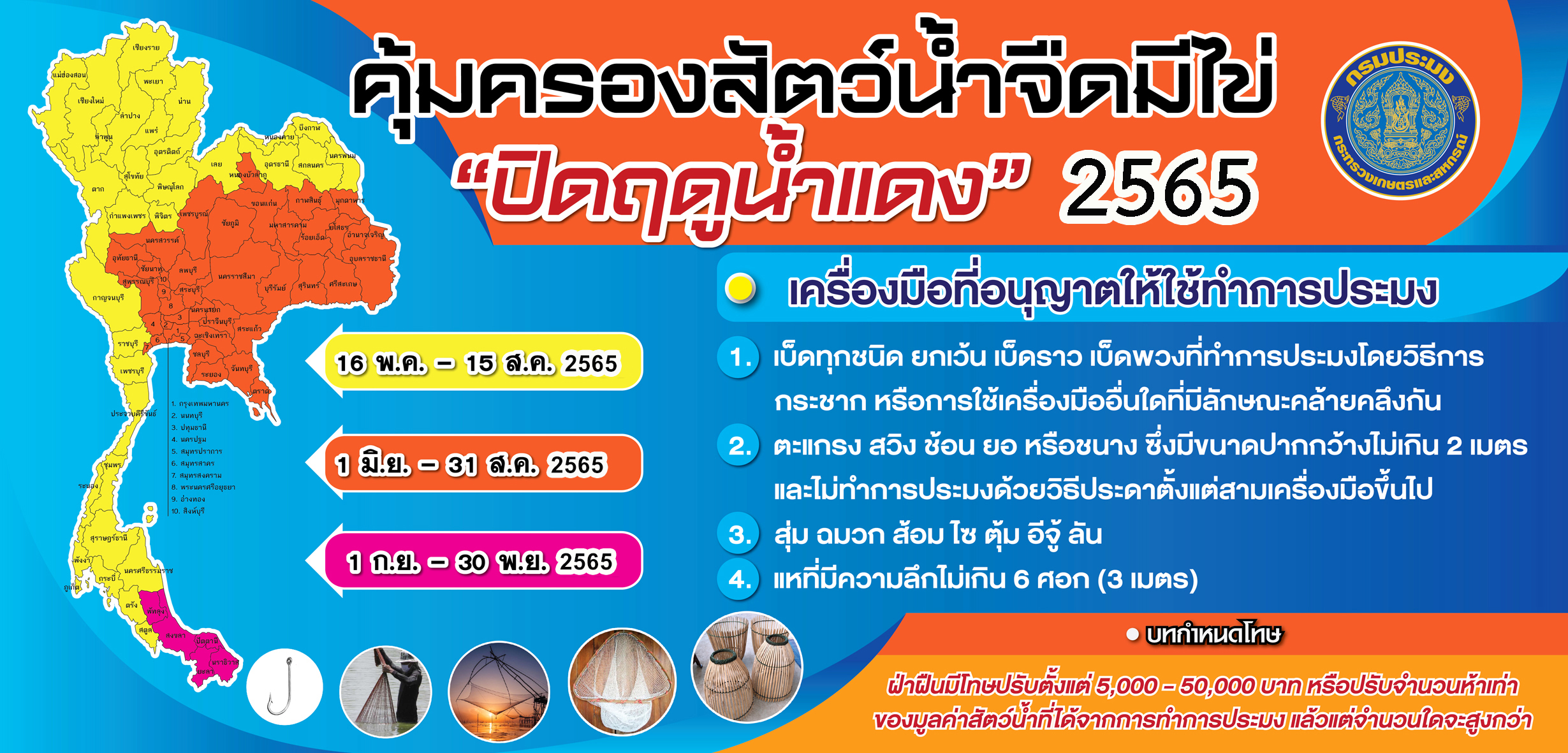 กำหนดพื้นที่และระยะเวลาฤดูสัตว์น้ำจืดมีไข่ หรือวางไข่ และกำหนดเครื่องมือ วิธีทำการประมง และเงื่อนไขในการการประมง