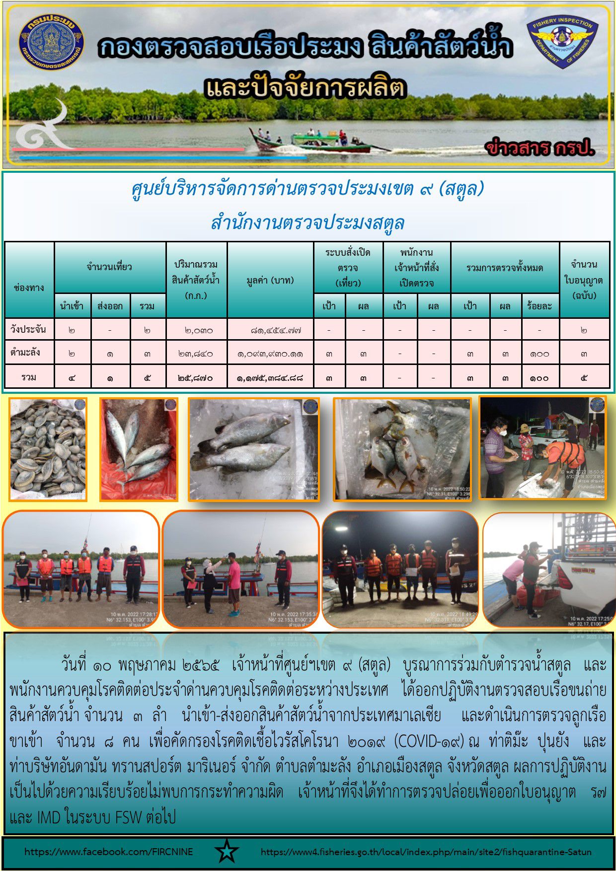 ประชาสัมพันธ์การปฏิบัติงานศูนย์บริหารจัดการด่านตรวจประมงเขต 9 (สตูล) ประจำวันที่ 1-10 พฤษภาคม 2565..คลิก