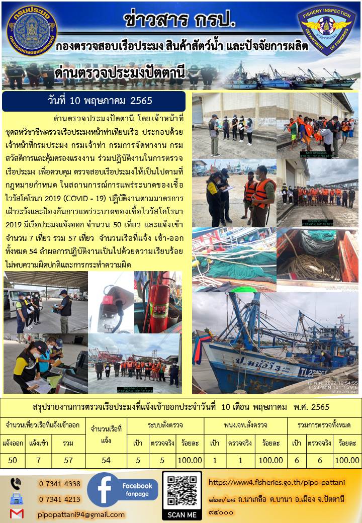 ข่าวสารการปฏิบัติงาน ด่านตรวจประมงปัตตานี 10 พ.ค. 65..คลิก