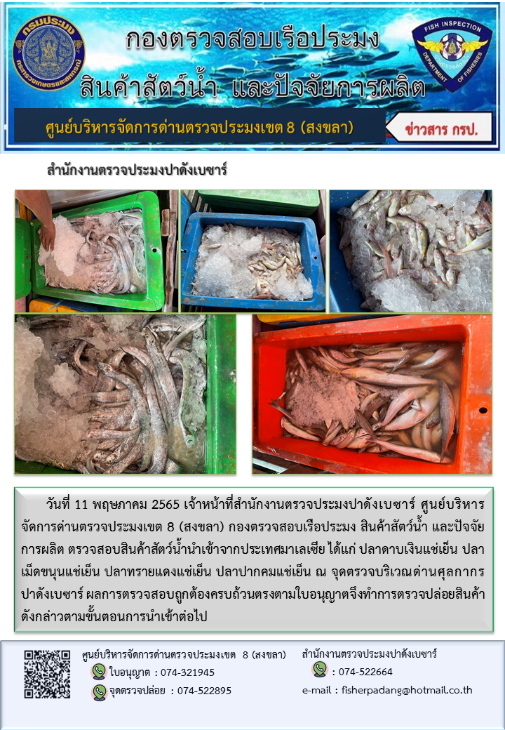 ประชาสัมพันธ์การปฏิบัติงาน วันที่ 11 พฤษภาคม 2565 สำนักงานตรวจประมงปาดังเบซาร์..คลิก