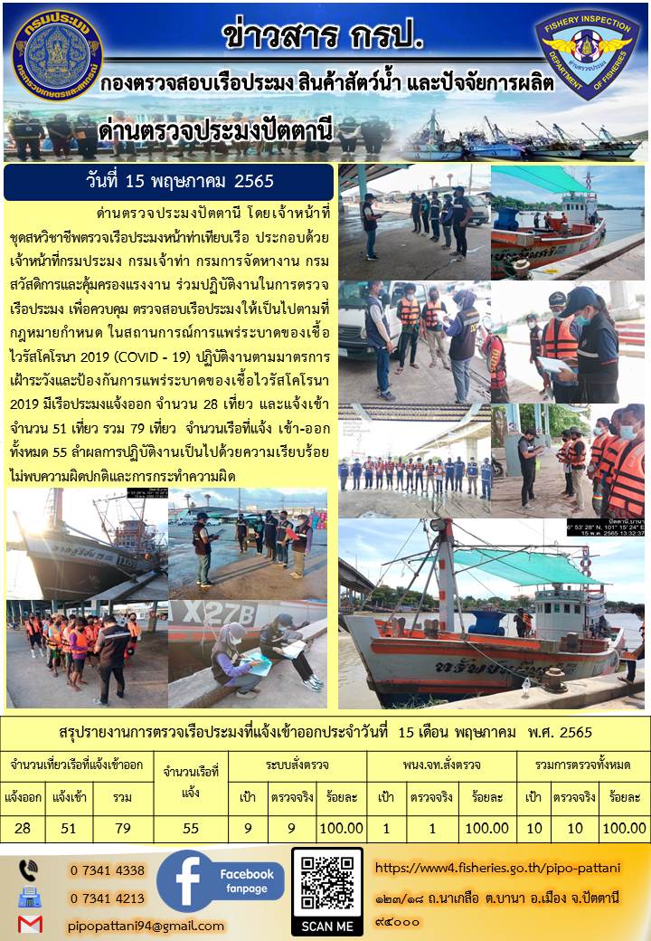 ข่าวสารการปฏิบัติงาน ด่านตรวจประมงปัตตานี 15 พ.ค. 65..คลิก