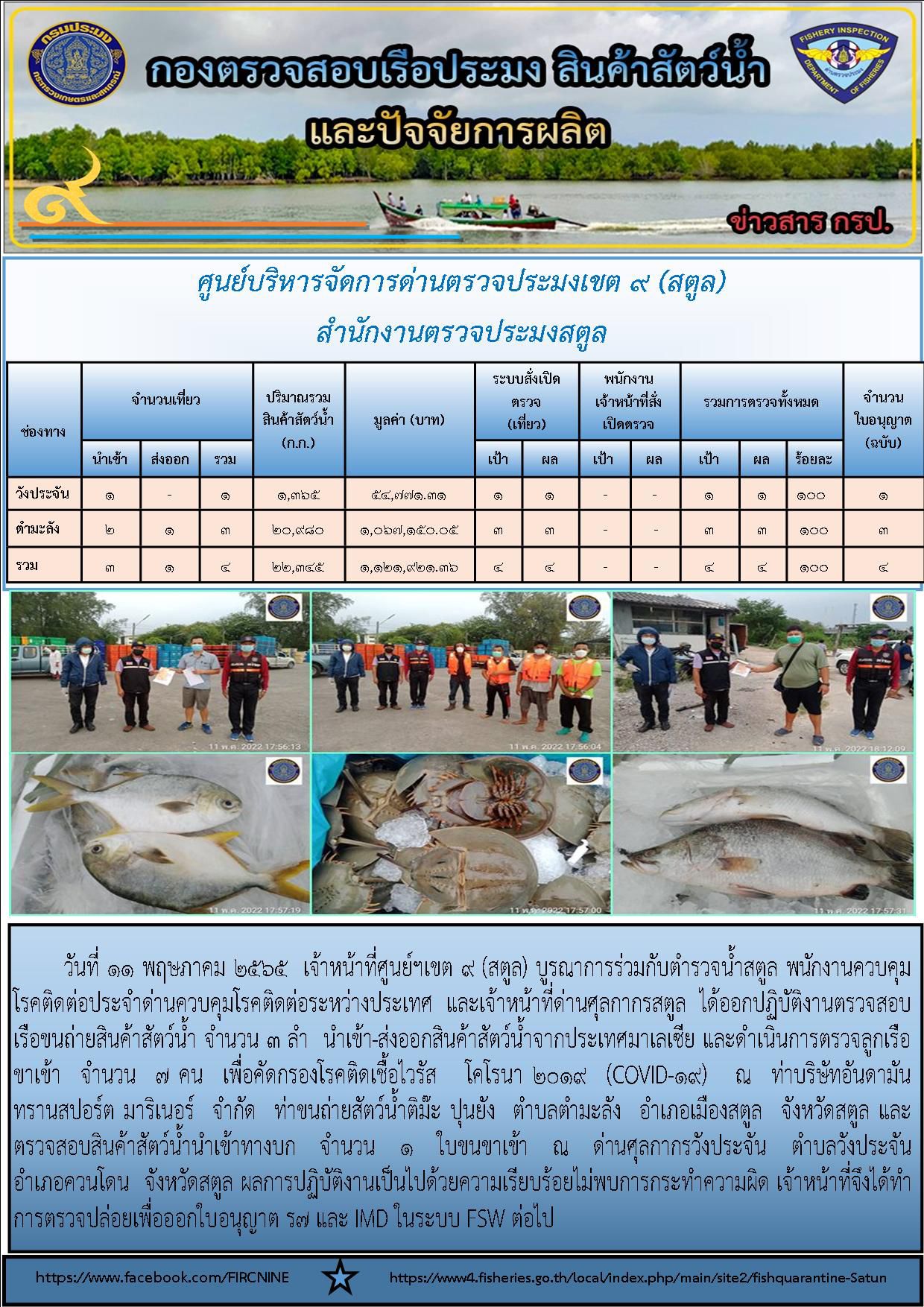 ประชาสัมพันธ์การปฏิบัติงานศูนย์บริหารจัดการด่านตรวจประมงเขต 9 (สตูล) ประจำวันที่ 11-15 พฤษภาคม 2565..คลิก