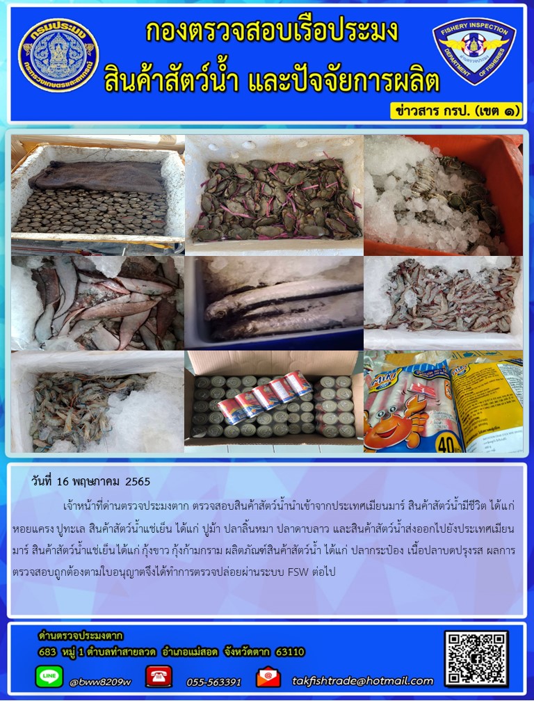 วันที่ 16 พฤษภาคม 2565   	     เจ้าหน้าที่ด่านตรวจประมงตาก ตรวจสอบสินค้าสัตว์น้ำนำเข้าจากประเทศเมียนมาร์ สินค้าสัตว์น้ำมีชีวิต ได้แก่  หอยแครง ปูทะเล สินค้าสัตว์น้ำแช่เย็น ได้แก่ ปูม้า ปลาลิ้นหมา ปลาดาบลาว และสินค้าสัตว์น้ำส่งออกไปยังประเทศเมียนมาร์ สินค้าสัตว์น้ำแช่เย็น ได้แก่ กุ้งขาว กุ้งก้ามกราม ผลิตภัณฑ์สินค้าสัตว์น้ำ ได้แก่ ปลากระป๋อง เนื้อปลาบดปรุงรส ผลการตรวจสอบถูกต้องตามใบอนุญาตจึงได้ทำการตรวจปล่อยผ่านระบบ FSW ต่อไป..คลิก